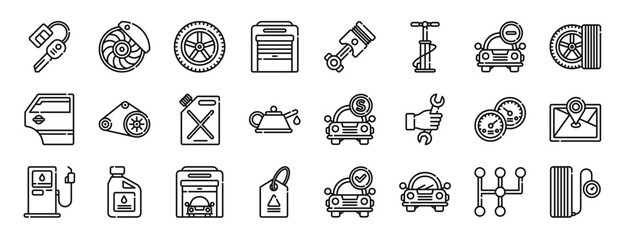 set of 24 outline web car garage icons such as car key, disc brake, wheel, garage, piston, air pump, forbbiden vector icons for report, presentation, diagram, web design, mobile app