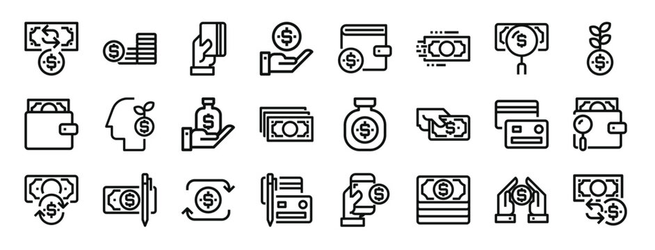 set of 24 outline web financial icons such as money, money, credit card, get money, wallet, vector icons for report, presentation, diagram, web design, mobile app