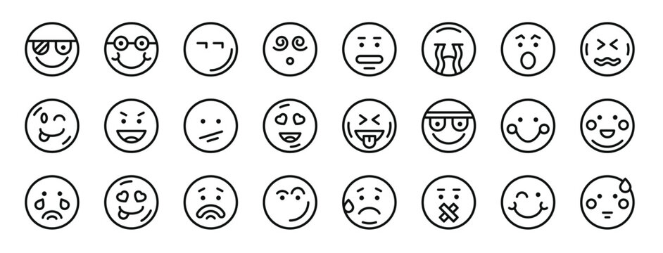 set of 24 outline web emoticons icons such as pirate, nerd, angry, surprised, angry, crying, surprised vector icons for report, presentation, diagram, web design, mobile app