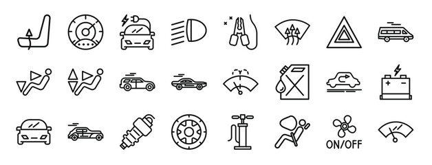 set of 24 outline web auto icons such as chair, dashboard, electric car, light, starter, windshield, warning vector icons for report, presentation, diagram, web design, mobile app