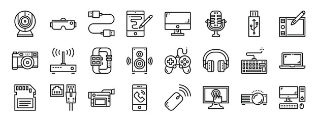 set of 24 outline web devices icons such as webcam, head, usb cable, tablet, copmuter, microphone, usb flash drive vector icons for report, presentation, diagram, web design, mobile app