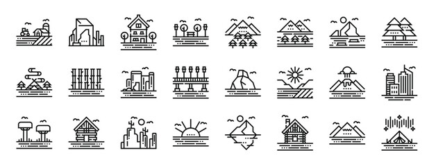 set of 24 outline web landscapes icons such as farm, cave, house, park, forest, lake, glacier vector icons for report, presentation, diagram, web design, mobile app © MacroOne