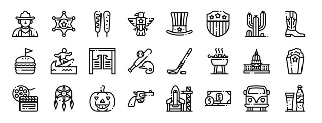 set of 24 outline web united states icons such as cowboy, sheriff, corndog, eagle, hat, shield, cactus vector icons for report, presentation, diagram, web design, mobile app