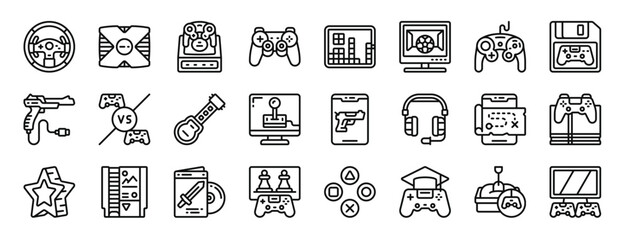 Fototapeta na wymiar set of 24 outline web gaming icons such as steering wheel, game console, game console, gamepad, , football game, gamepad vector icons for report, presentation, diagram, web design, mobile app