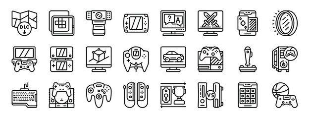 Fototapeta na wymiar set of 24 outline web gaming icons such as dlc, , webcam, game console, quiz, rpg game, card game vector icons for report, presentation, diagram, web design, mobile app