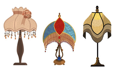 European vintage retro torchere lampshades in victorian style. Historic old-fashioned stylish interior. 