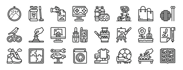 Fototapeta na wymiar set of 24 outline web hobby icons such as embroidery, golf, drawing, gaming, diving, cycling, shopping bag vector icons for report, presentation, diagram, web design, mobile app