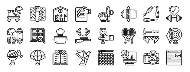 set of 24 outline web hobby icons such as roller skate, carpentry, brewing, writing, baseball, rolling pin, juggling vector icons for report, presentation, diagram, web design, mobile app
