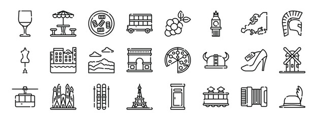 set of 24 outline web travel icons such as wine, terrace, pasta, double decker, grapes, big ben, europe vector icons for report, presentation, diagram, web design, mobile app
