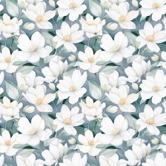 Watercolor seamless pattern of white flowers. Background, fabric, packaging, wrapper, digital paper
