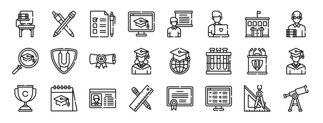 set of 24 outline web university icons such as desk, pencil, test, elearning, presentation, student, university vector icons for report, presentation, diagram, web design, mobile app