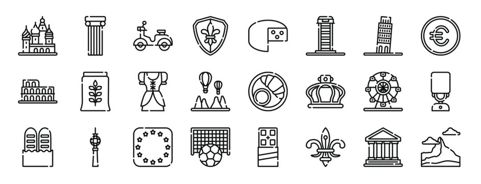 set of 24 outline web travel icons such as kremlin, column, scooter, fleur de lis, cheese, phone booth, leaning tower of pisa vector icons for report, presentation, diagram, web design, mobile app