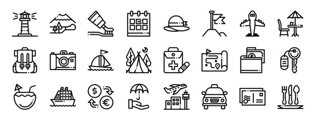 set of 24 outline web travel icons such as lighthouse, mountain, toothpaste, calendar, pamela, landmark, plane vector icons for report, presentation, diagram, web design, mobile app