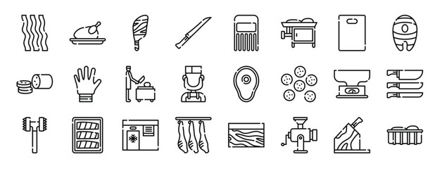 set of 24 outline web butcher icons such as bacon strips, chicken, mutton, boning knife, meat claw, meat grinder, cutting board vector icons for report, presentation, diagram, web design, mobile app