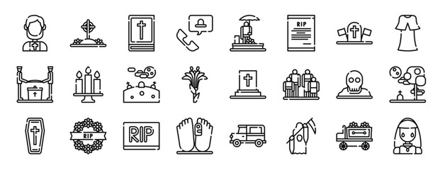 set of 24 outline web funeral icons such as priest, grave, bible, customer service, funeral, death certificate, military vector icons for report, presentation, diagram, web design, mobile app