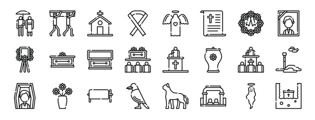 set of 24 outline web funeral icons such as people, people, church, black ribbon, angel, speech, wreath vector icons for report, presentation, diagram, web design, mobile app