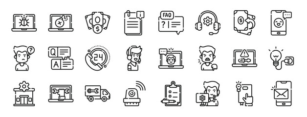 set of 24 outline web support icons such as bug, virus, pricing, information, faq, ting, refund vector icons for report, presentation, diagram, web design, mobile app