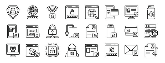 set of 24 outline web data protection icons such as ssl, fingerprint, network, password, search, transaction, website vector icons for report, presentation, diagram, web design, mobile app