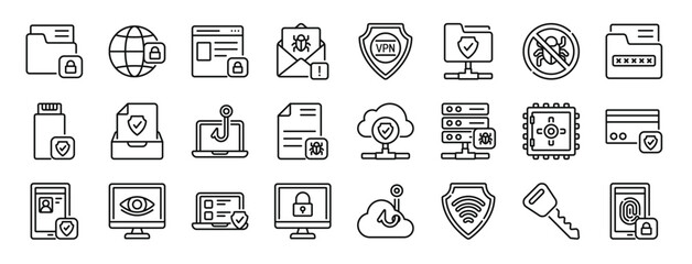 Obraz na płótnie Canvas set of 24 outline web data protection icons such as data, network, website, spam, vpn, network, antivirus vector icons for report, presentation, diagram, web design, mobile app