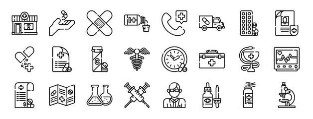 set of 24 outline web phary icons such as phary, drugs, band aid, syrup, phone, truck, drugs vector icons for report, presentation, diagram, web design, mobile app