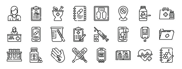 set of 24 outline web phary icons such as pharist, records, herbal, book, weight, location, syrup vector icons for report, presentation, diagram, web design, mobile app