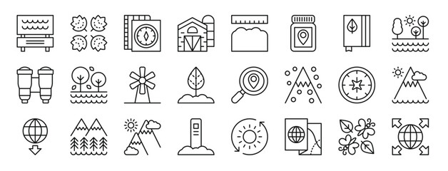 Fototapeta na wymiar set of 24 outline web geography icons such as park, leaves, map, barn, geology, medicine, journal vector icons for report, presentation, diagram, web design, mobile app