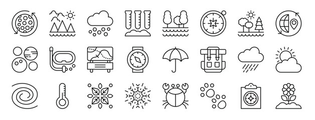 Fototapeta na wymiar set of 24 outline web geography icons such as moon, mountains, hail, chemistry, river, compass, park vector icons for report, presentation, diagram, web design, mobile app