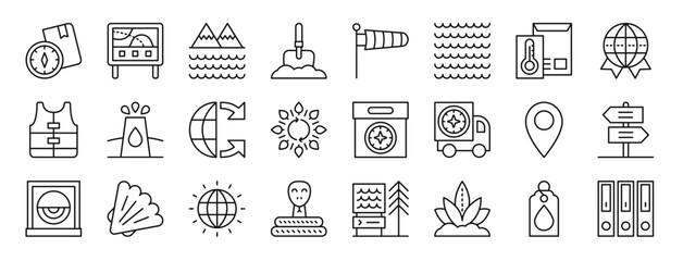 set of 24 outline web geography icons such as compass, directory, mountains, shovel, air sock, waves, climate change vector icons for report, presentation, diagram, web design, mobile app