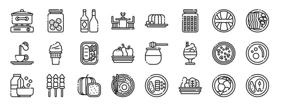 set of 24 outline web gastronomy icons such as boiling, cookies, liquor, dinning table, pudding, biscuit, croissant vector icons for report, presentation, diagram, web design, mobile app