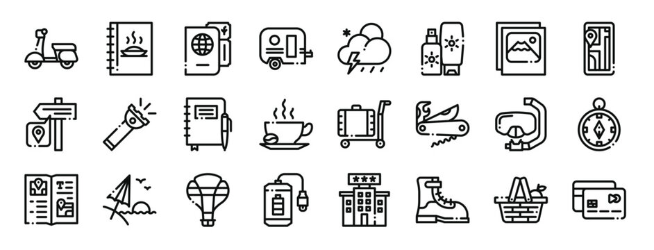 set of 24 outline web travel icons such as motorcycle, menu, passport, trailer, weather, sun protection, photo vector icons for report, presentation, diagram, web design, mobile app