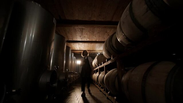 Authentic shot of successful male sommelier is tasting a flavor and checking white wine quality poured in transparent glass in a wine cellar.
