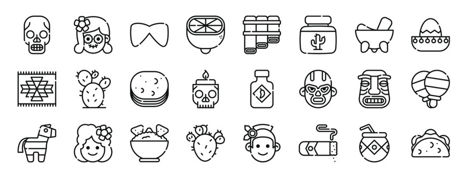 set of 24 outline web mexico icons such as skull, catrina, moustache, lime, zampona, cactus, molcajete vector icons for report, presentation, diagram, web design, mobile app