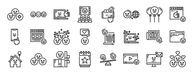 set of 24 outline web happiness icons such as add, rating, laptop, cinema, smartphone, share, balloon vector icons for report, presentation, diagram, web design, mobile app