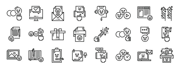 set of 24 outline web happiness icons such as emot, computer, letter, message, headphones, play button, website vector icons for report, presentation, diagram, web design, mobile app