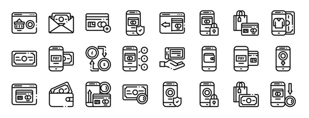 set of 24 outline web payment icons such as online shop, money, credit card, payment method, credit card, payment method, method vector icons for report, presentation, diagram, web design, mobile