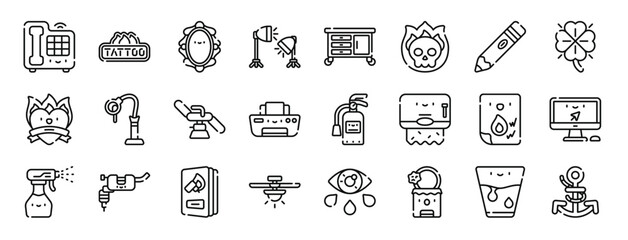 set of 24 outline web tattoo studio icons such as telephone, neon, mirror, lights, furniture, skull, pencil vector icons for report, presentation, diagram, web design, mobile app
