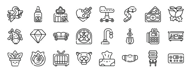 set of 24 outline web tattoo studio icons such as bird, ink, studio, heart, stool, snake, dollar vector icons for report, presentation, diagram, web design, mobile app