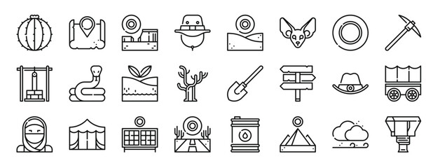set of 24 outline web desert icons such as barrel, map, cold, hat, sand, fennec, sun vector icons for report, presentation, diagram, web design, mobile app