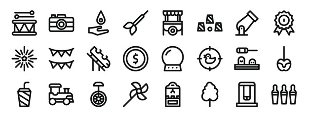 set of 24 outline web fair icons such as drum, camera, pyrotechnics, dart, kiosk, game, canon vector icons for report, presentation, diagram, web design, mobile app