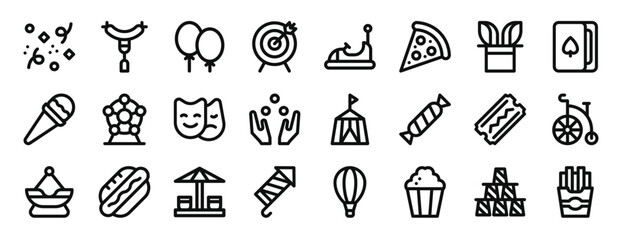 set of 24 outline web fair icons such as confetti, sausage, balloons, dart, bumper car, pizza, magic hat vector icons for report, presentation, diagram, web design, mobile app