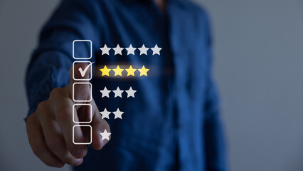 Customer review satisfaction feedback survey. User giving rating to product and service online. 4...