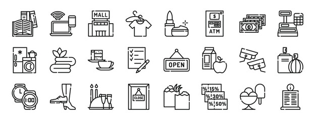 set of 24 outline web mall icons such as book shop, wifi, mall, hanger, cosmetics, atm, cash vector icons for report, presentation, diagram, web design, mobile app