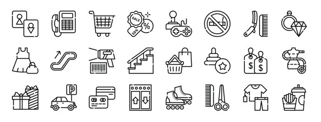 Fototapeta na wymiar set of 24 outline web mall icons such as wc, phone, shopping cart, sales, recreational, no smoking, shave vector icons for report, presentation, diagram, web design, mobile app