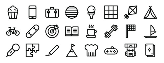 set of 24 outline web free time icons such as pop corn, mobile, suitcase, fitball, golf, cube, kite vector icons for report, presentation, diagram, web design, mobile app