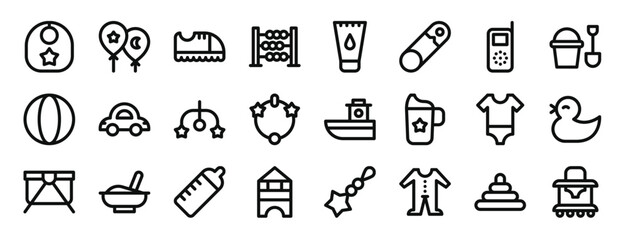 Naklejka premium set of 24 outline web baby icons such as bib, balloons, shoes, abacus, ointment, safety pin, walkie talkie vector icons for report, presentation, diagram, web design, mobile app