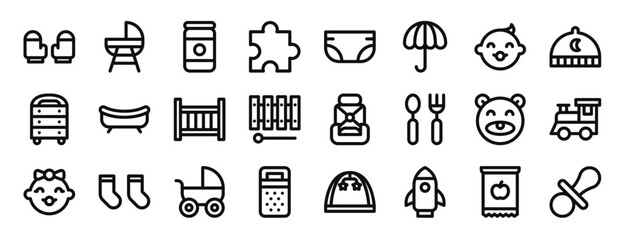 set of 24 outline web baby icons such as gloves, basinet, pot, puzzle, diaper, umbrella, baby vector icons for report, presentation, diagram, web design, mobile app