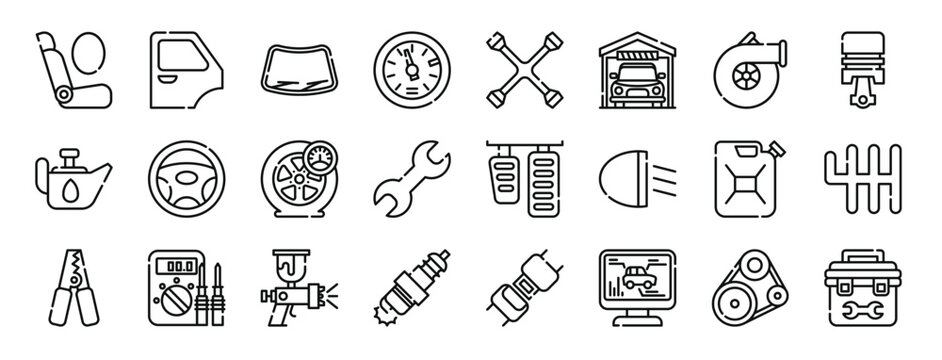 set of 24 outline web car repair icons such as airbag, car, windshield, tachometer, cross wrench, garage, air filter vector icons for report, presentation, diagram, web design, mobile app