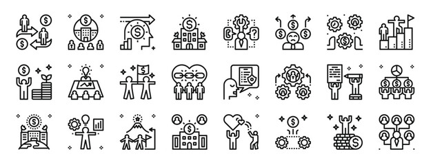 set of 24 outline web business partnership icons such as exchange, company, business, company, support, liability, control vector icons for report, presentation, diagram, web design, mobile app