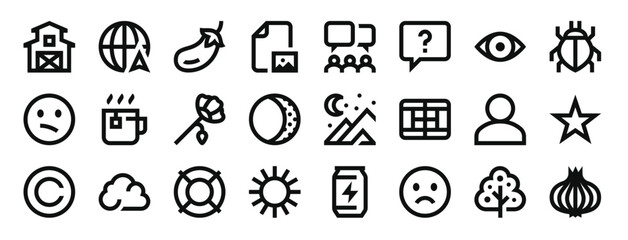 set of 24 outline web miscellaneous icons such as barn, internet, eggplant, image, meeting, question, eye vector icons for report, presentation, diagram, web design, mobile app
