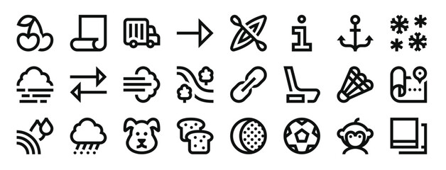 set of 24 outline web miscellaneous icons such as cherry, sheet, truck, right arrow, kayak, information, anchor vector icons for report, presentation, diagram, web design, mobile app